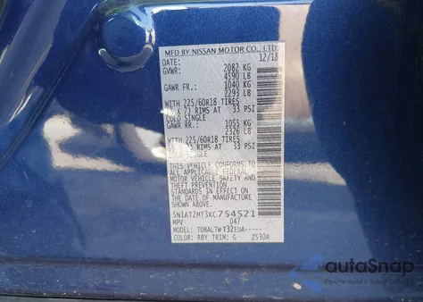 2019 Nissan Rogue Sv z USA, uszkodzony, nr VIN 5N1AT2MT3KC754521